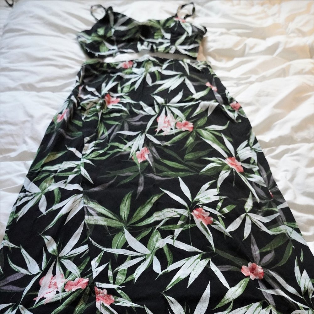 Black Floral Two Piece Crop Top Maxi Slit Skirt Set L (8/10)